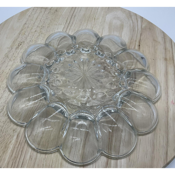 Vintage Glass Deviled Egg Tray 12 Egg Holder Clear Pressed Glass Platter 12 Inch - Picture 3 of 5